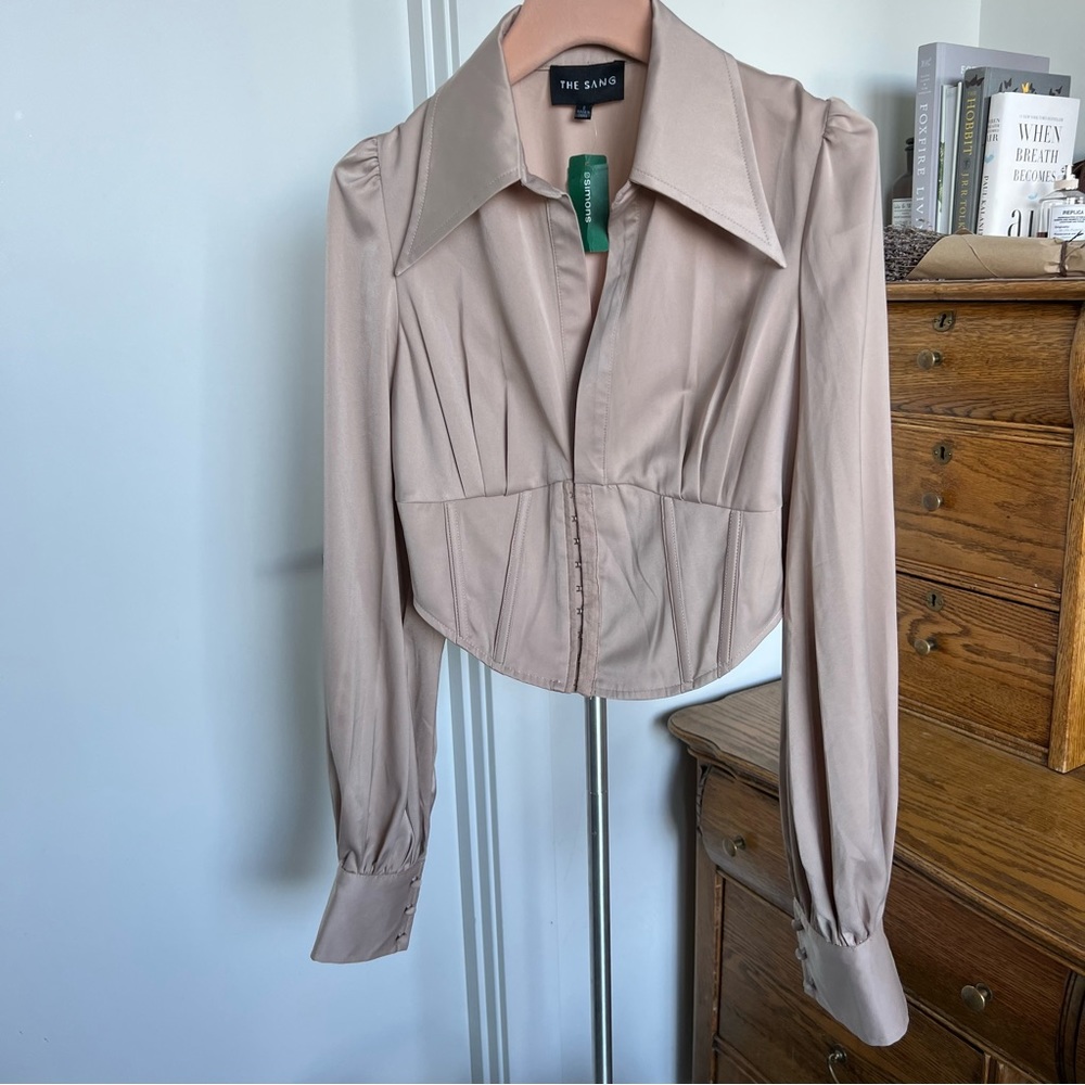 V- neck Johnny collar satin corset blouse with hook front and boning -never worn